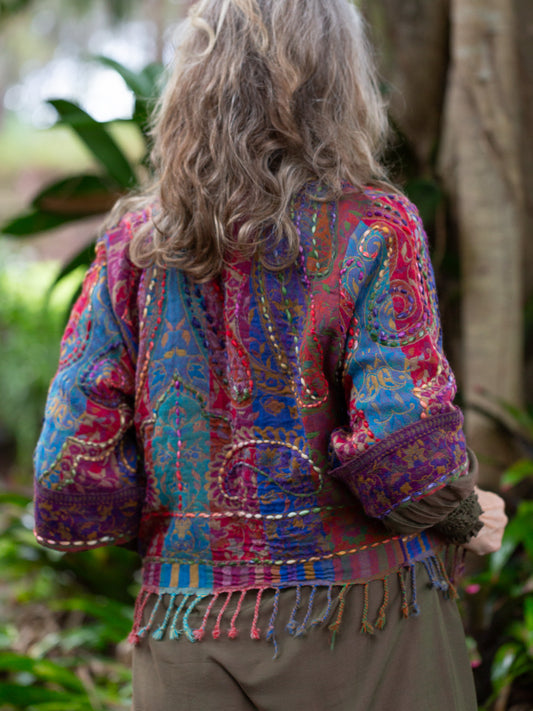 Kashmiri soft fringed wool jacket. Rich & Robust Size 10
