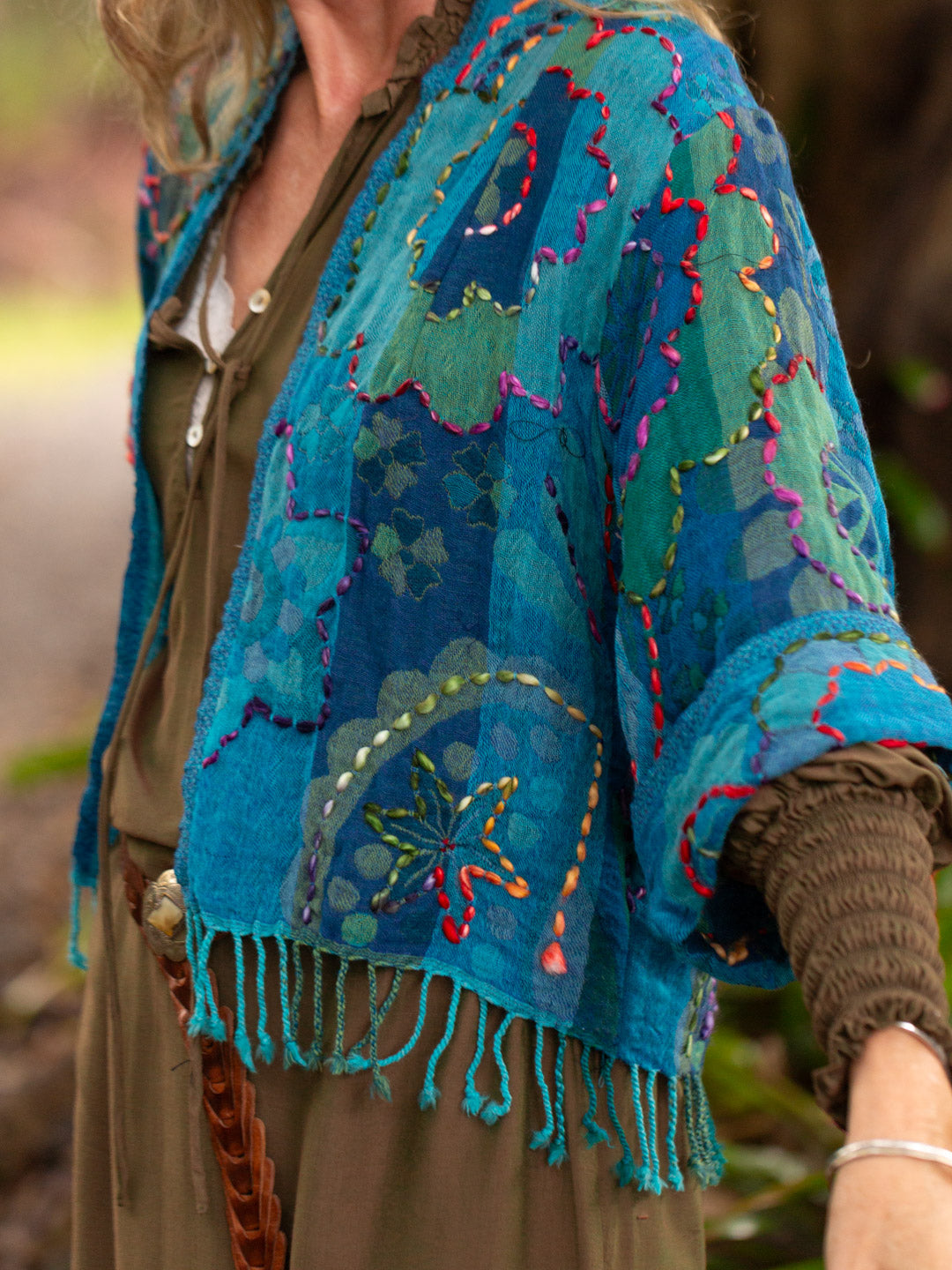 Kashmiri soft fringed wool jacket. Peacock Pride Size 14