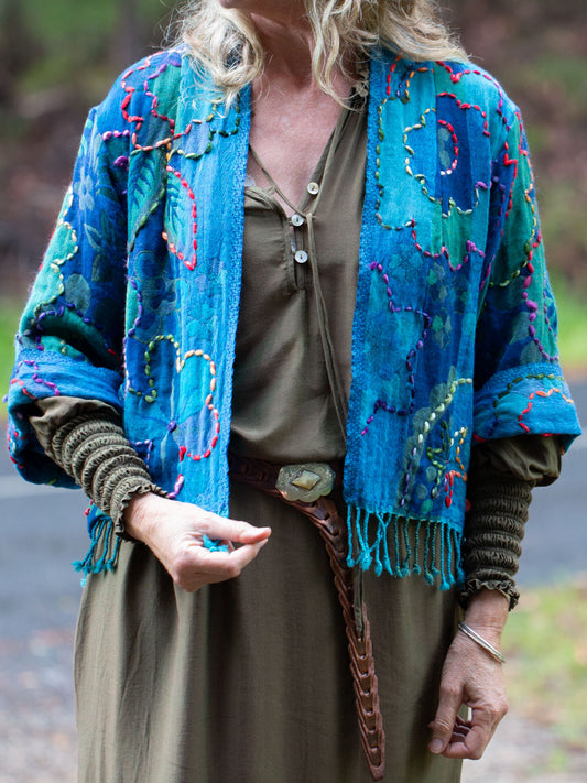 Kashmiri soft fringed wool jacket. Peacock Pride Size 14