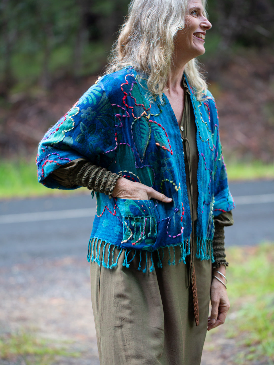 Kashmiri soft fringed wool jacket. Peacock Pride Size 14