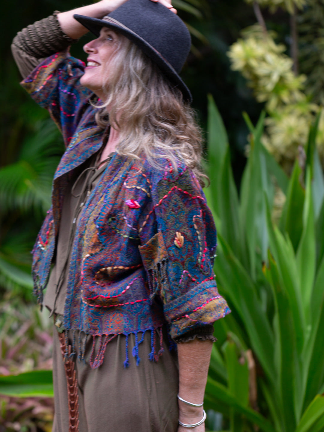 Kashmiri soft fringed wool jacket.Mosaic. Size 12