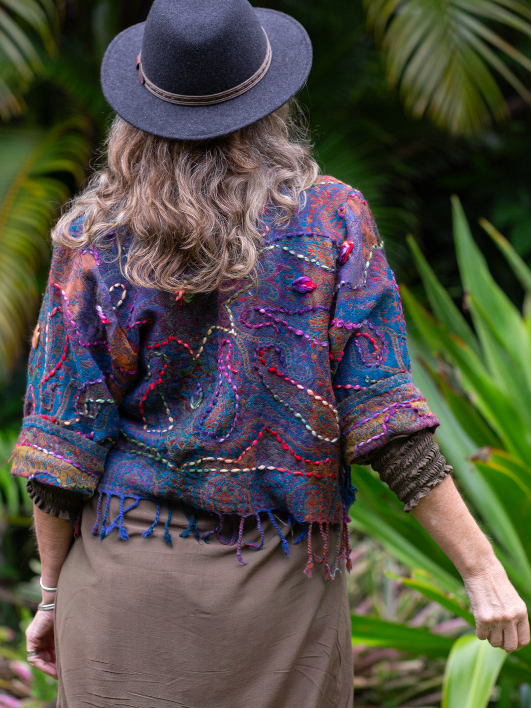 Kashmiri soft fringed wool jacket.Mosaic. Size 12