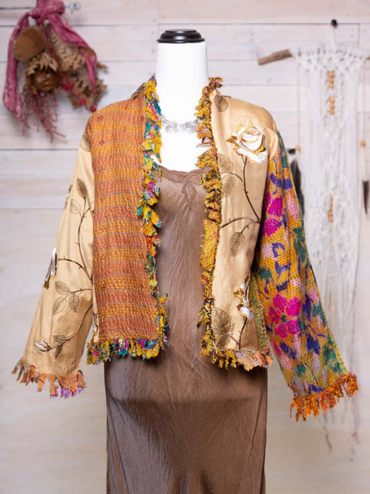 Posh & Patch Silk Collage Jacket Oriental and Golden Hues. Size 14