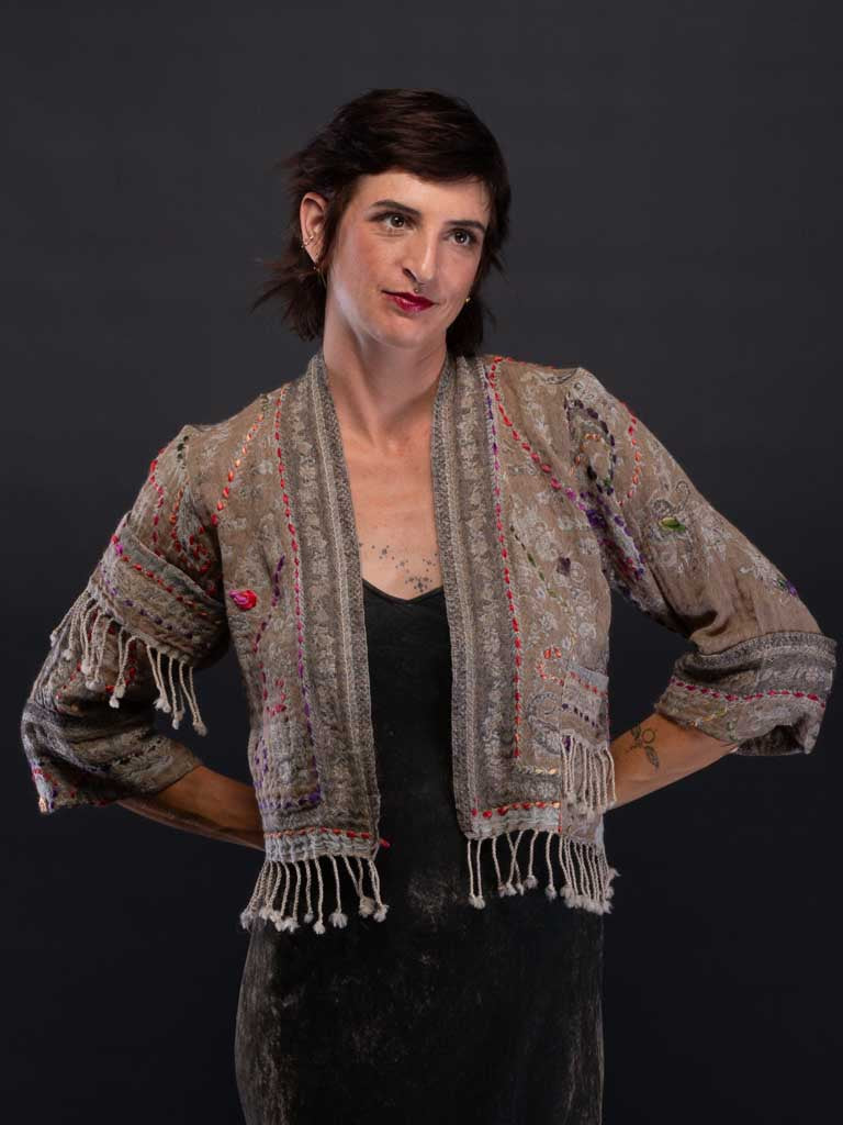 Model wearing Kashmir wool jacket