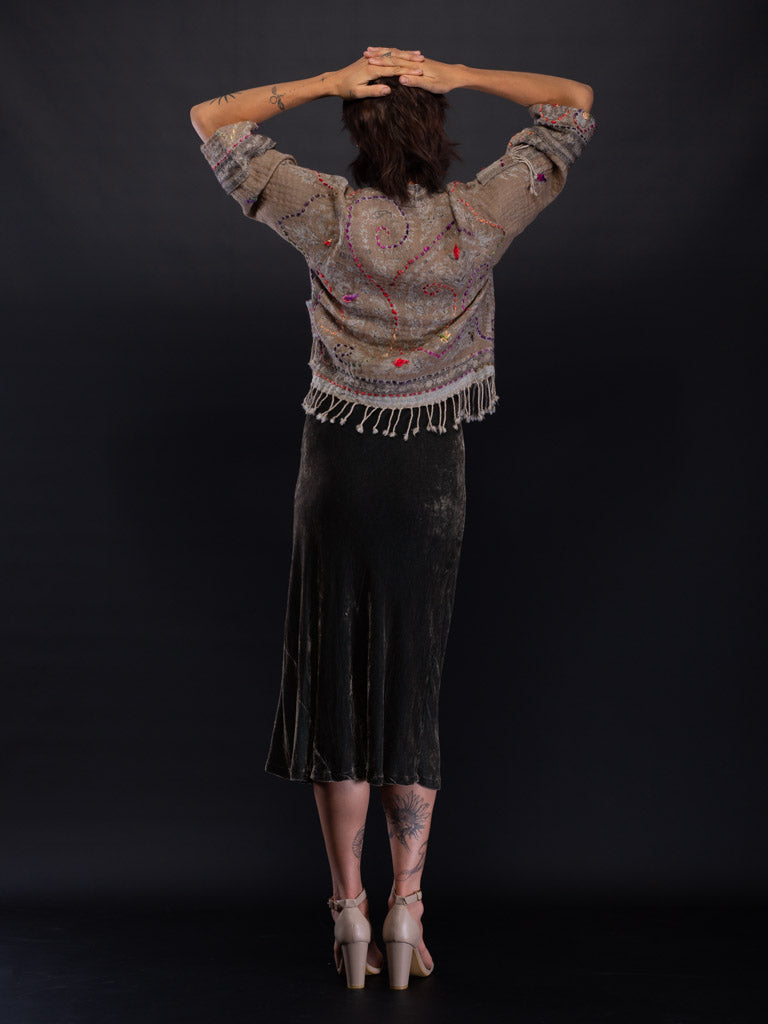 Kashmiri soft fringed wool jacket. River Run - Olive Green Size 10