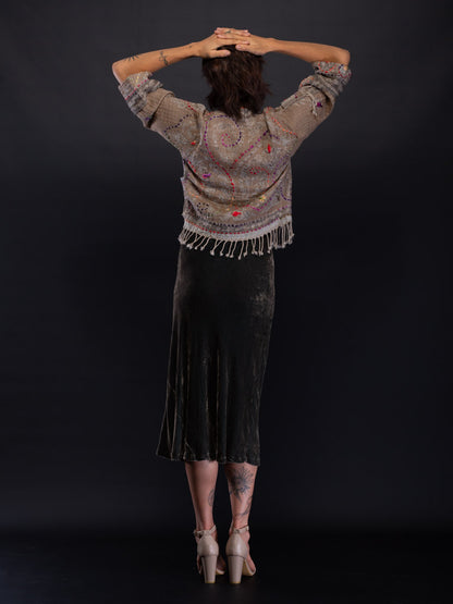 Kashmiri soft fringed wool jacket. River Run - Olive Green Size 10