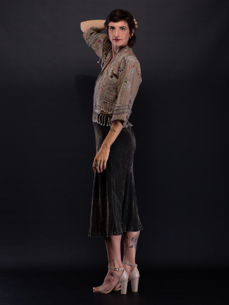 Kashmiri soft fringed wool jacket. River Run - Olive Green Size 10