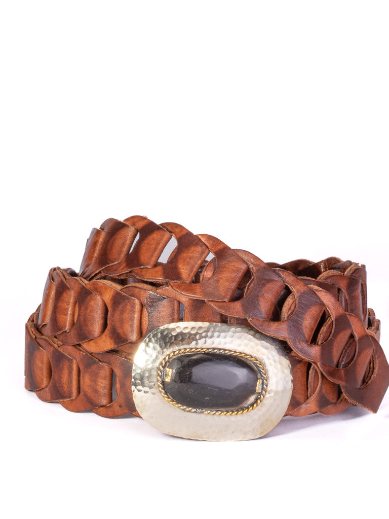 Tan leather chain link belt with bone buckle
