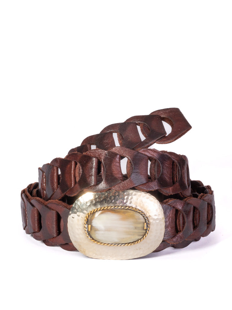 Chocolate  leather chain link belt with bone buckle