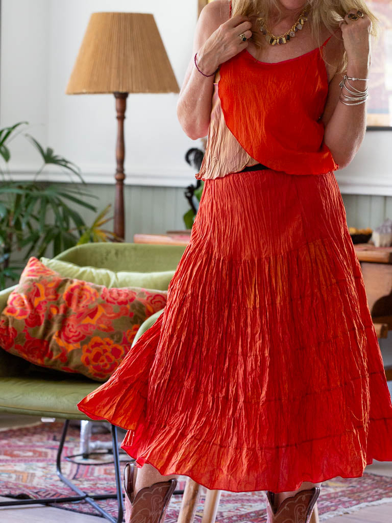 Cami - Orange, toffeee and firefly red in slinky silk.