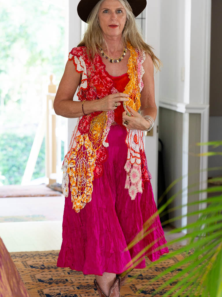 Cami - Orange, toffeee and firefly red in slinky silk.
