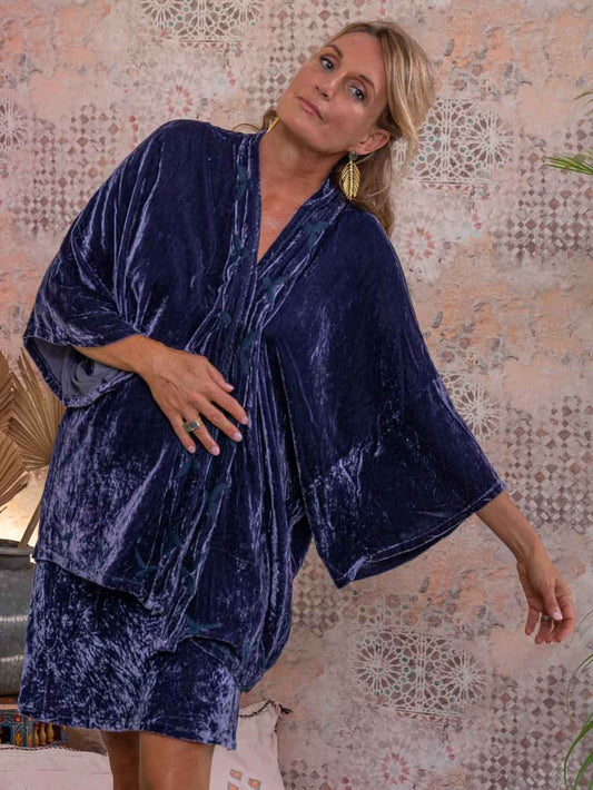 Silk Velvet Embroidered Kimono - rich sensual silk velvet with blue embroidery - the ultimate in indulgence!