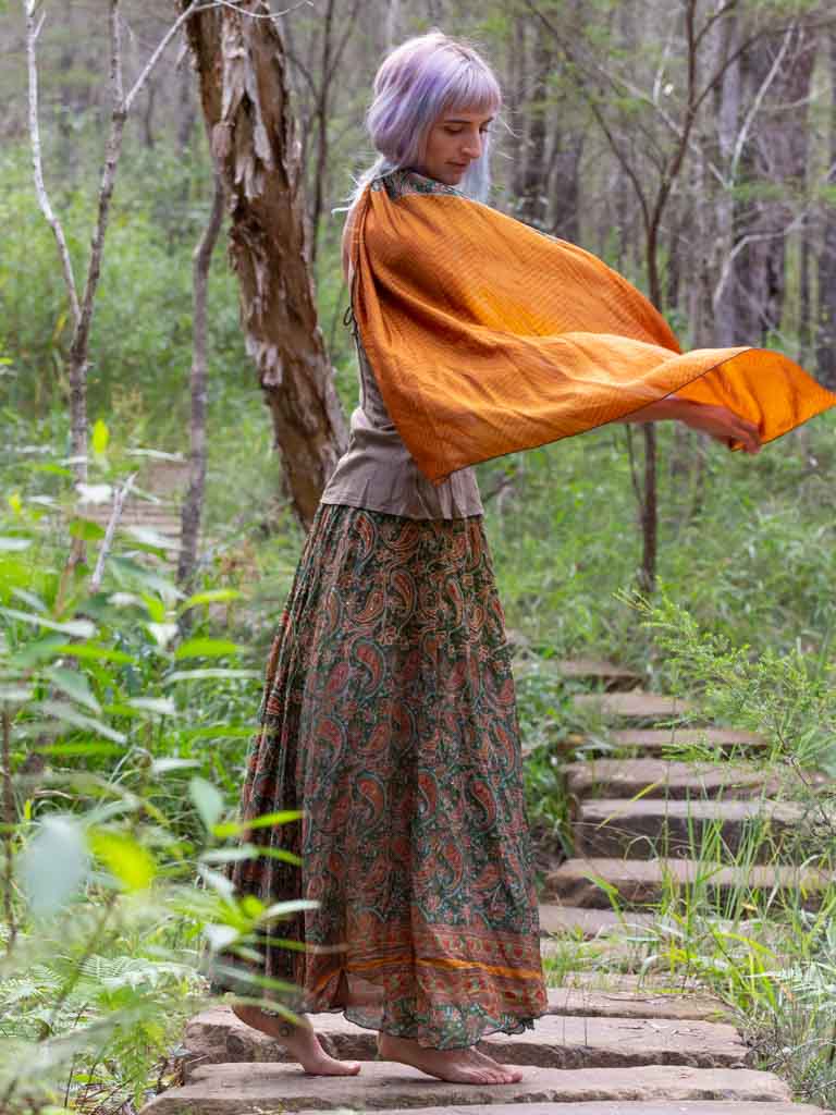 Silk Sari Skirt Paisley Forest