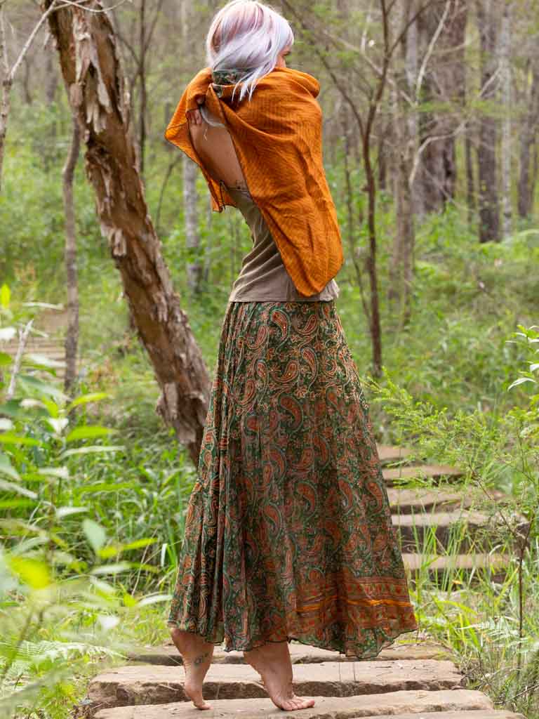 Silk Sari Skirt Paisley Forest