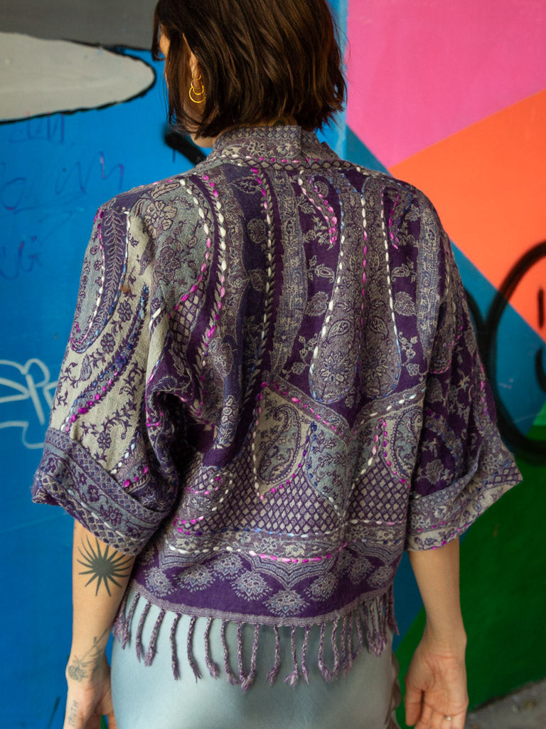 Kashmiri soft fringed wool jacket. Amethyst Tones. Size 12