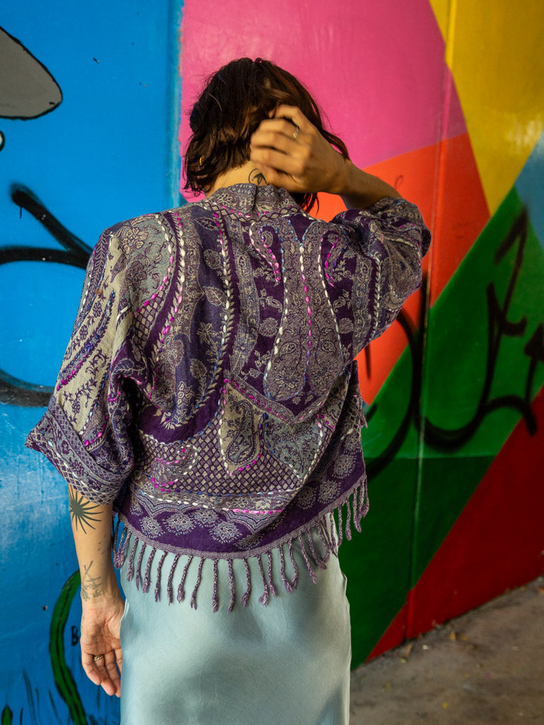 Kashmiri soft fringed wool jacket. Amethyst Tones. Size 12
