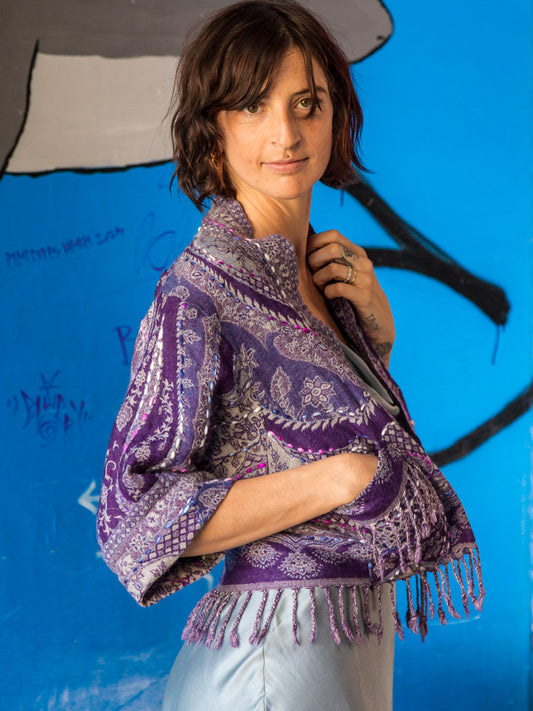 Kashmiri soft fringed wool jacket. Amethyst Tones. Size 12