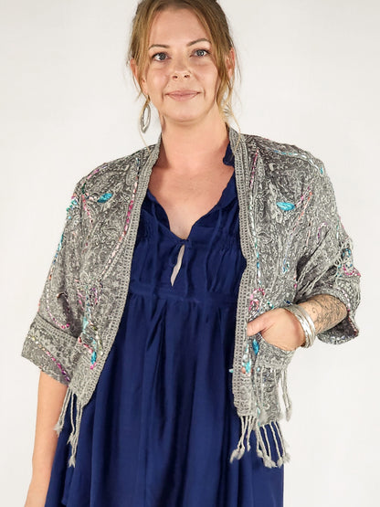 Kashmiri soft fringed wool jacket. Blue bells Size 14