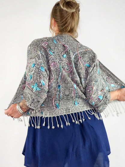 Kashmiri soft fringed wool jacket. Blue bells Size 14