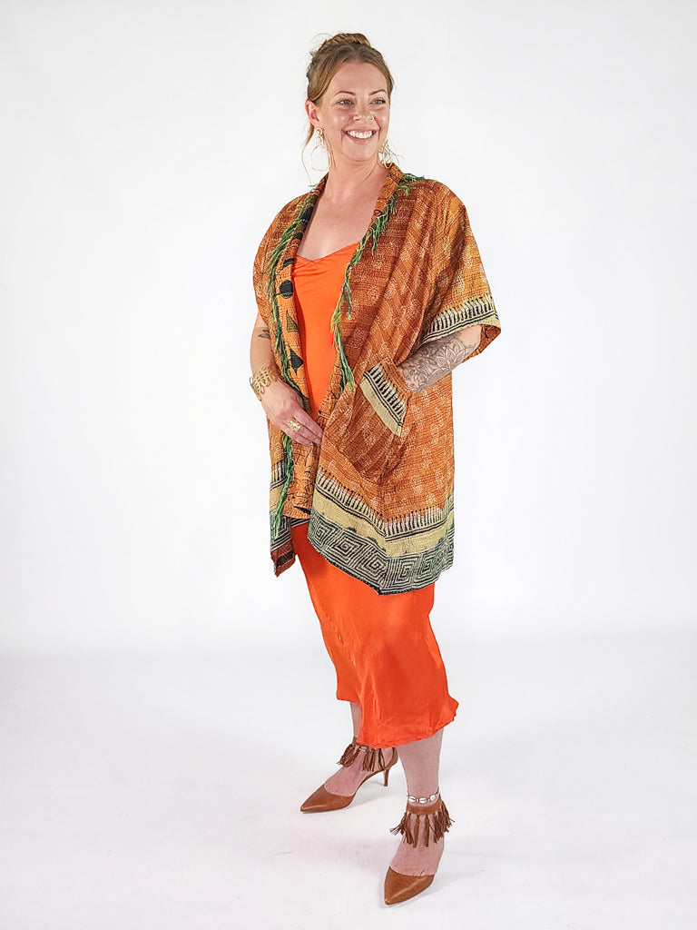 Kimono - silk reversible featuring hand stitching and pockets - oversized - saffron