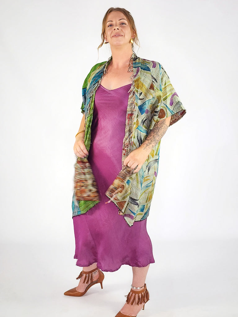 Kimono - silk reversible featuring hand stitching and pockets - oversized - olive river