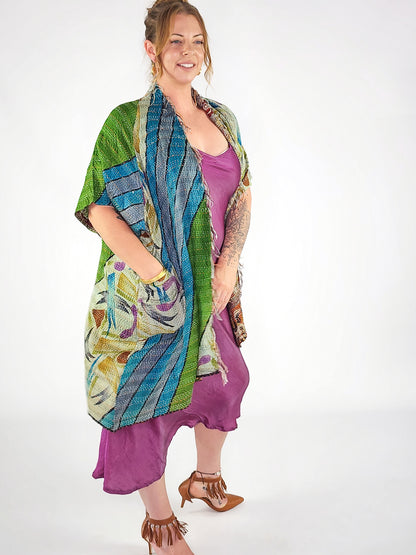 Kimono - silk reversible featuring hand stitching and pockets - oversized - olive river
