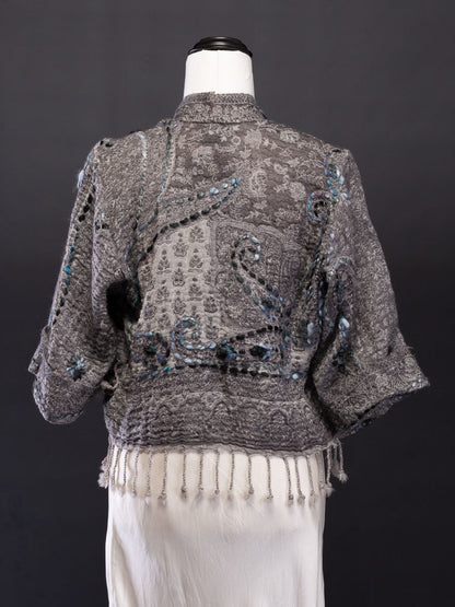Kashmiri soft fringed wool jacket. Cool Tones, Intricate design Size 10