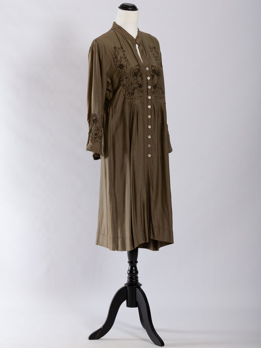 Otomo silk-linen embroidered buttoned shirt -tunic bronze