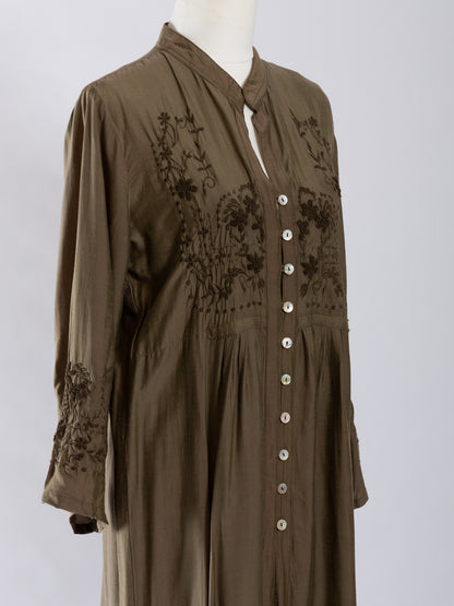 Otomo silk-linen embroidered buttoned shirt -tunic bronze