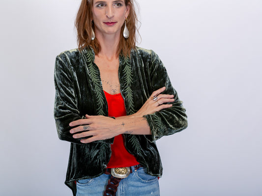 Audrey Silk Velvet Embroidered Jacket Olive