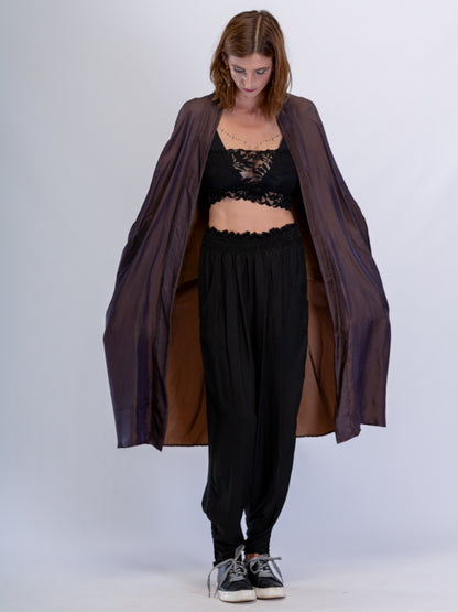 Silk Satin Luxe Embroidered Kimono Smokey Chocolate