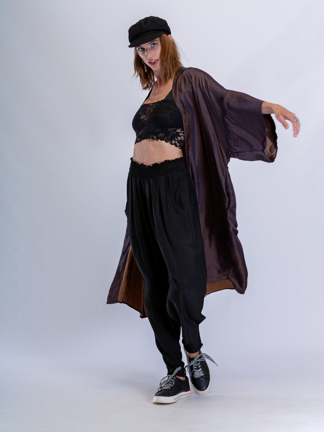 Silk Satin Luxe Embroidered Kimono Smokey Chocolate