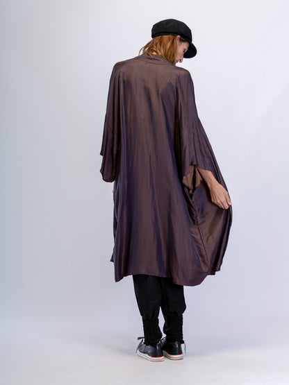 Silk Satin Luxe Embroidered Kimono Smokey Chocolate