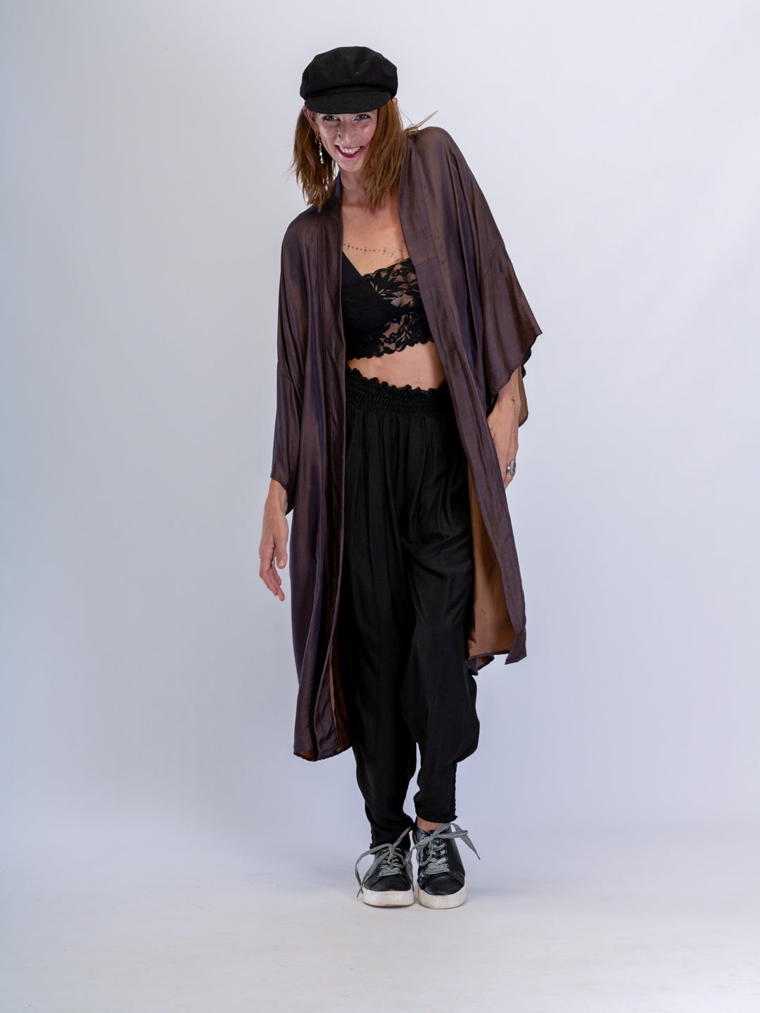 Silk Satin Luxe Embroidered Kimono Smokey Chocolate