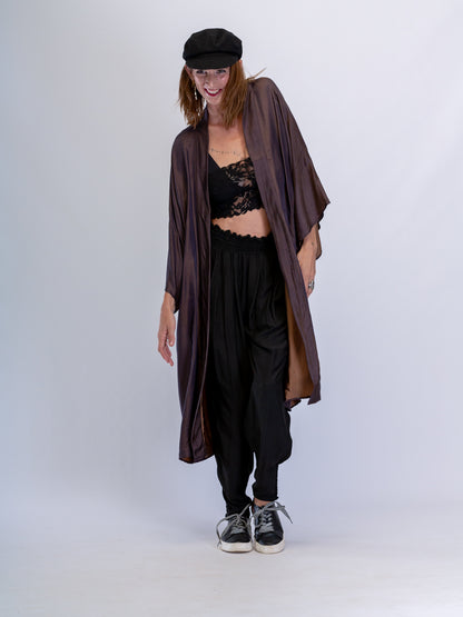 Silk Satin Luxe Embroidered Kimono Smokey Chocolate
