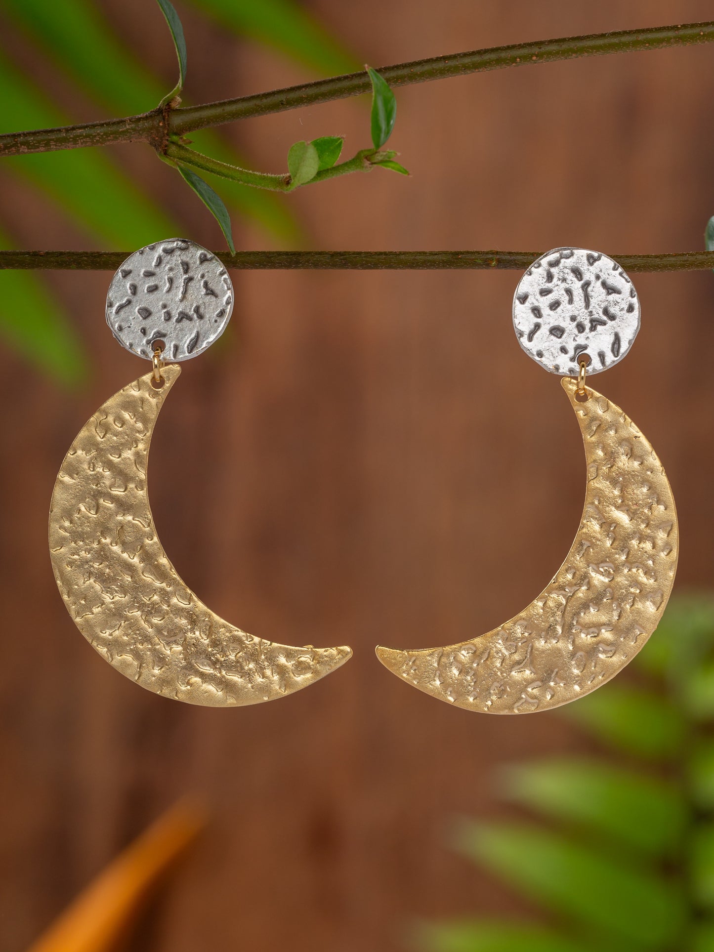 Gold and silver cresent moon earrings hanging on a branch with a blurred natural background