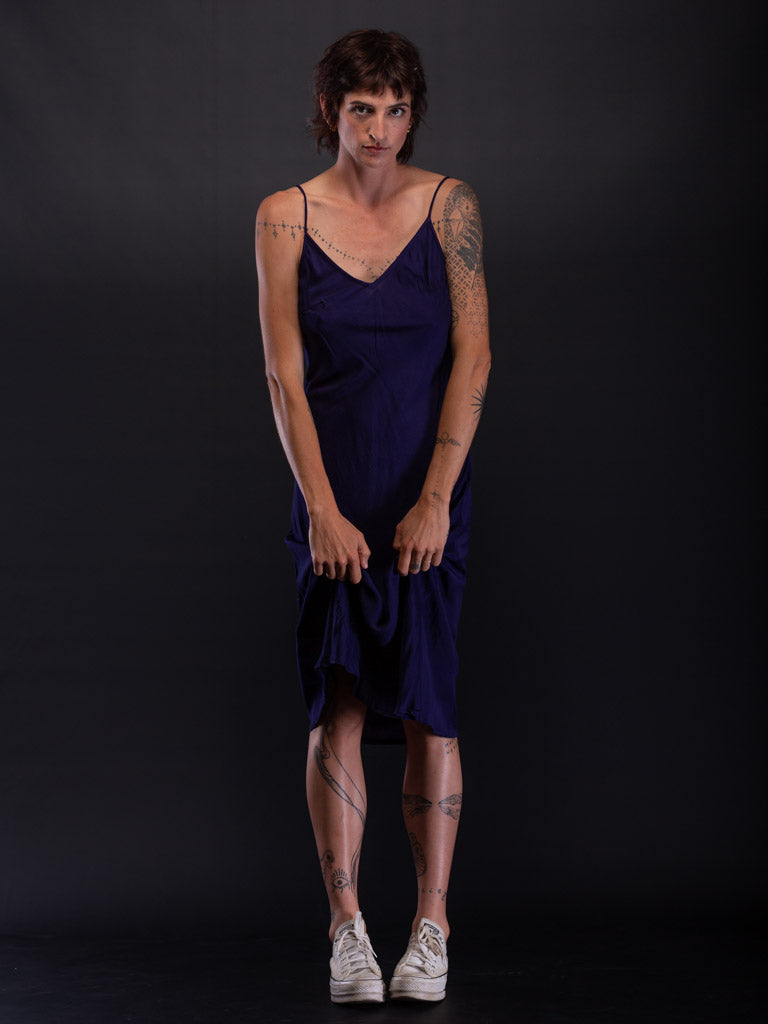 Silk Linen Slip Midi Navy XS