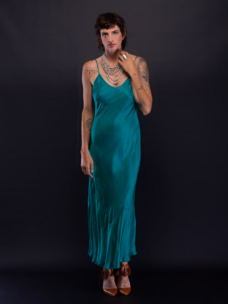 Marilyn Silk Satin Slip Long Turquoise