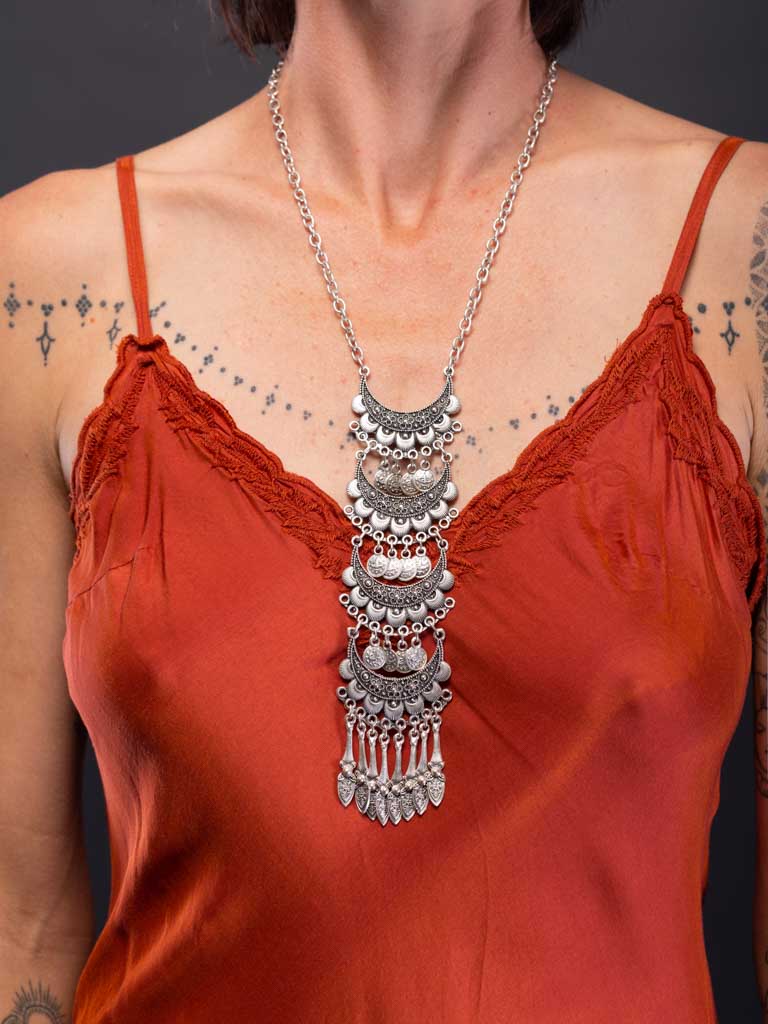 Lilith bohemian coin layered necklace on boho lady