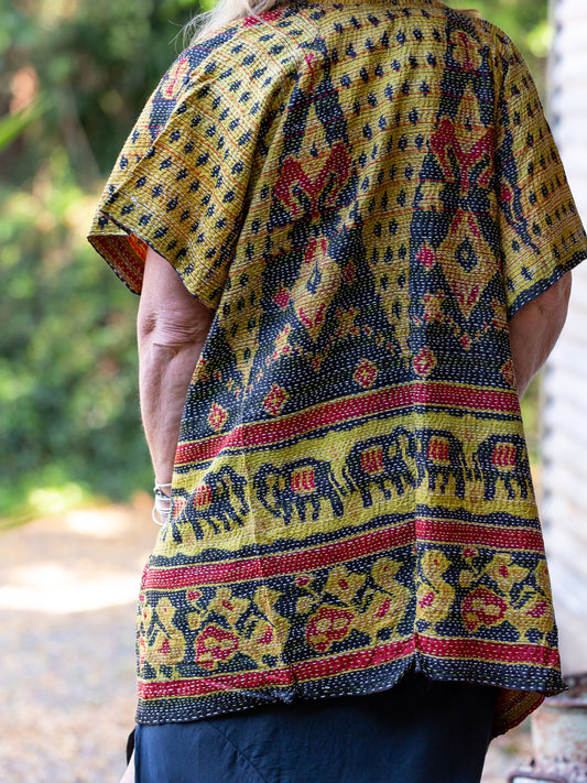 Kimono - silk reversible featuring hand stitching and pockets - oversized 'Tribal storm''