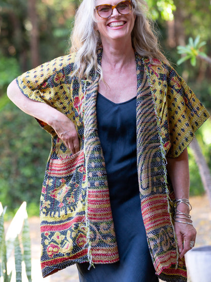 Kimono - silk reversible featuring hand stitching and pockets - oversized 'Tribal storm''