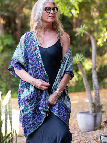 Kimono - silk reversible featuring hand stitching and pockets - Ocean Divination