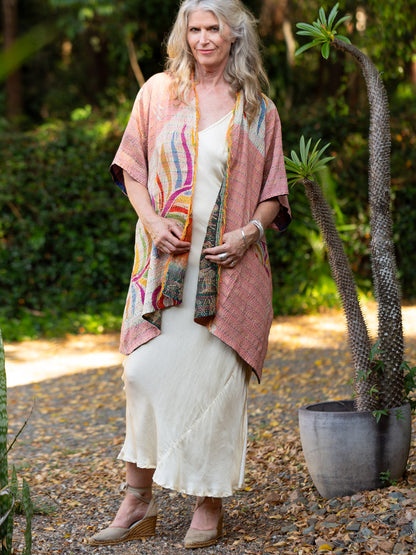 Kimono - silk reversible featuring hand stitching and pockets -Sweet Optimism
