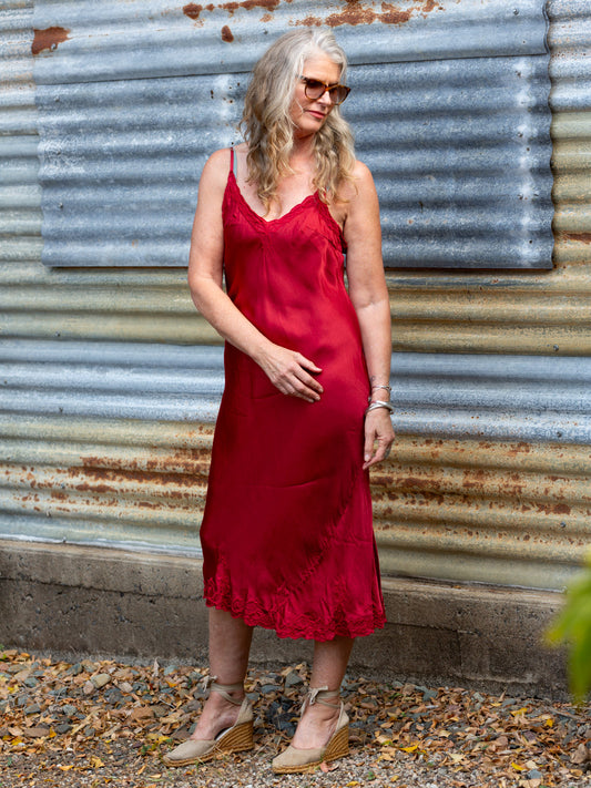 Marilyn Silk Satin Luxe Long Slip Red