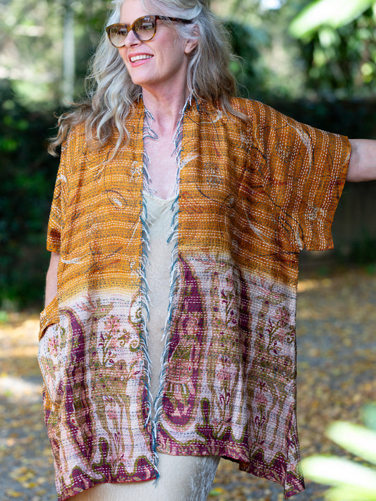 Kimono - silk reversible featuring hand stitching and pockets - Flidais