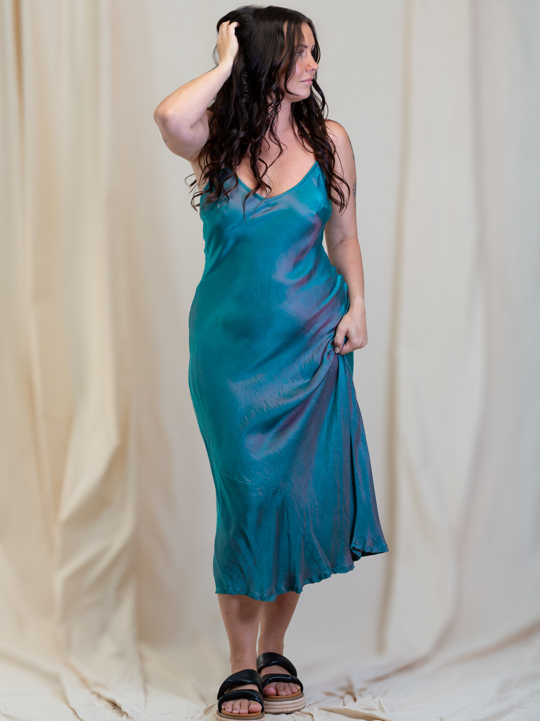 Silk satin slip in a shot teal-pink combo