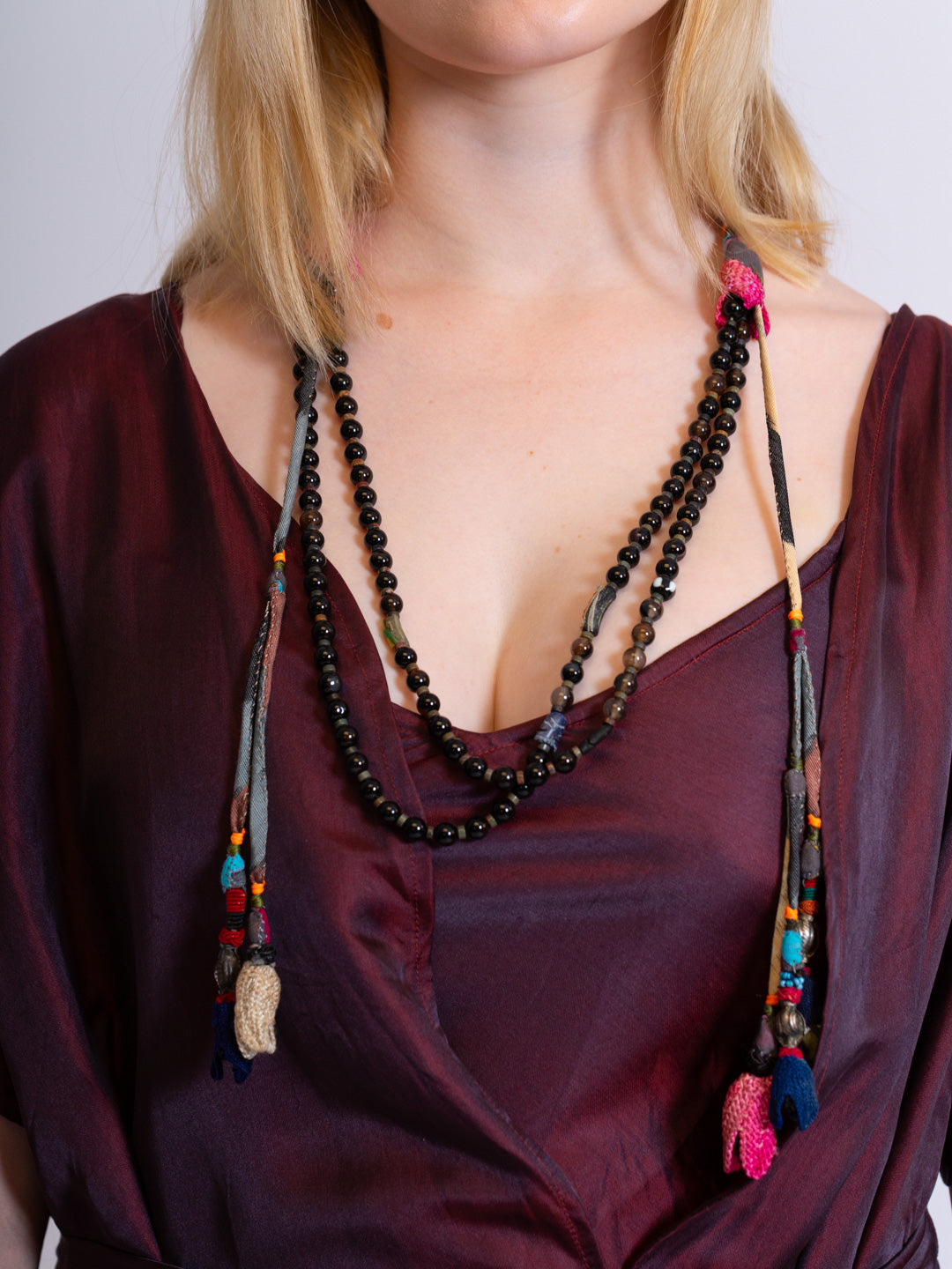 Black Agate and fabric Necklace