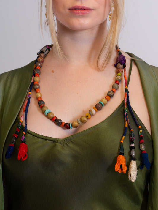 Mixed semi-precious beads with fabric ornaments