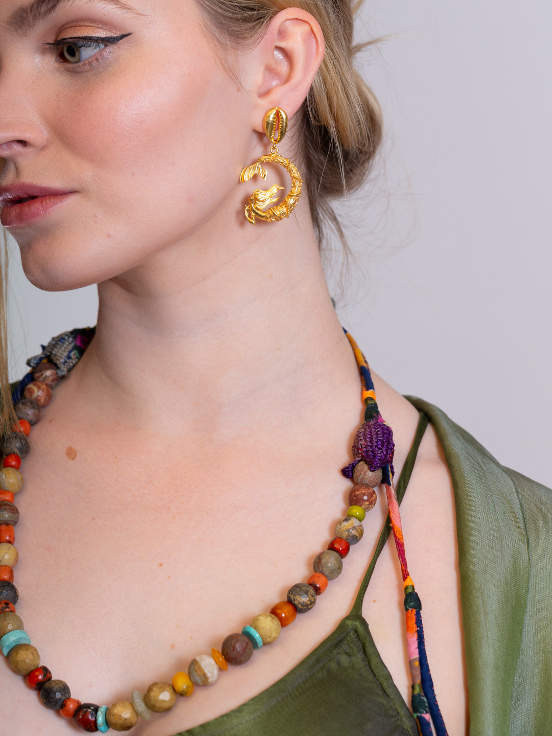 Mixed semi-precious beads with fabric ornaments