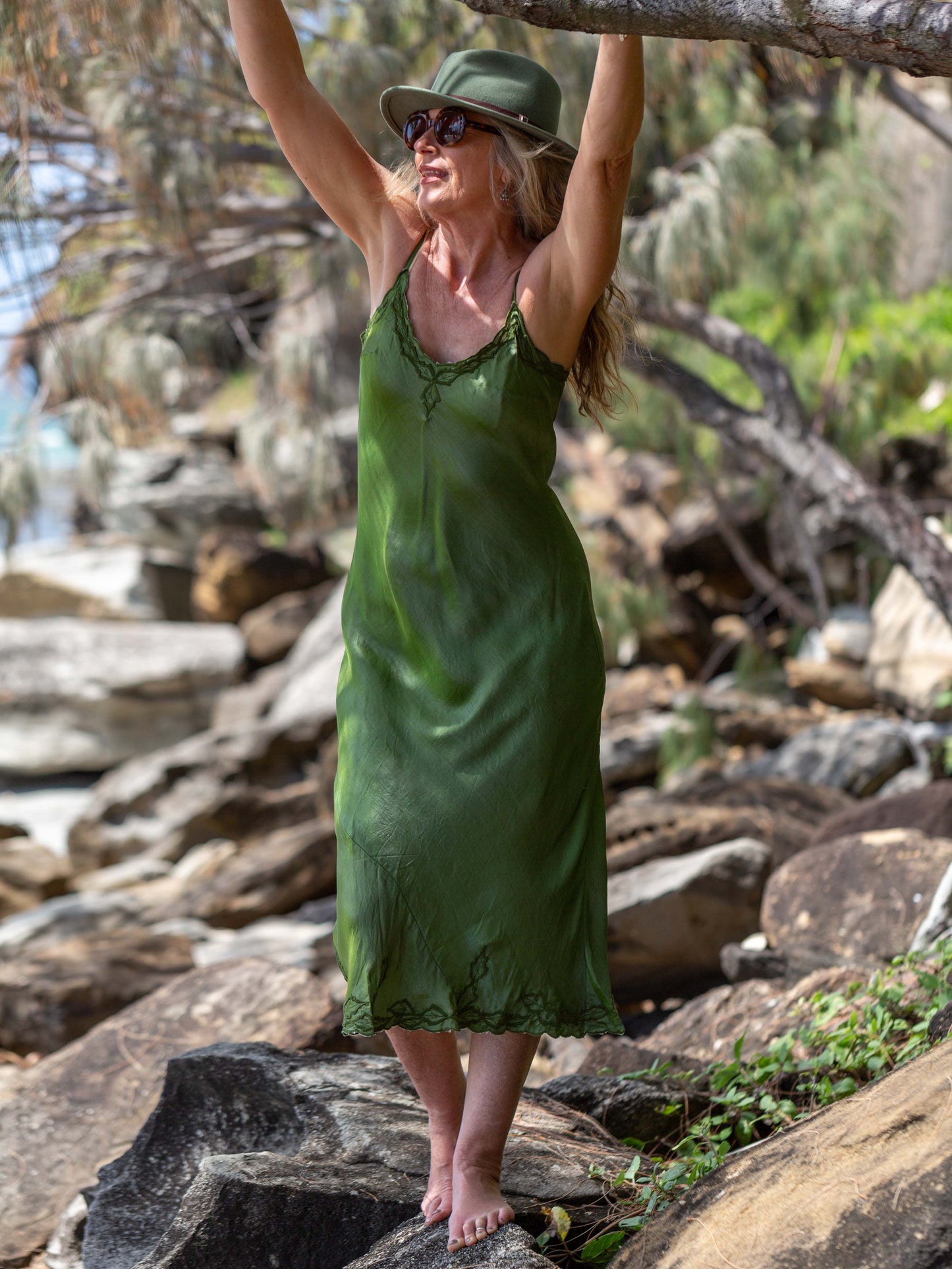 Silk slip in olive green with embroidery